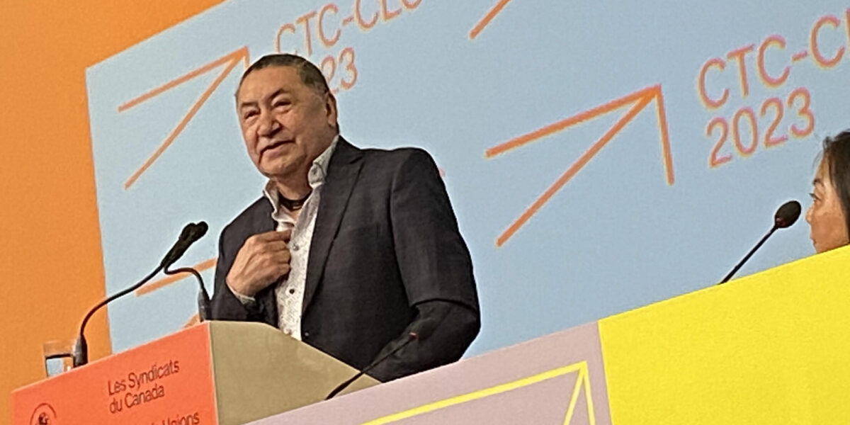 Indigenous leader Romeo Saganash speaking to the Canadian Labour Congress convention about how unions can help fight for reconciliation.