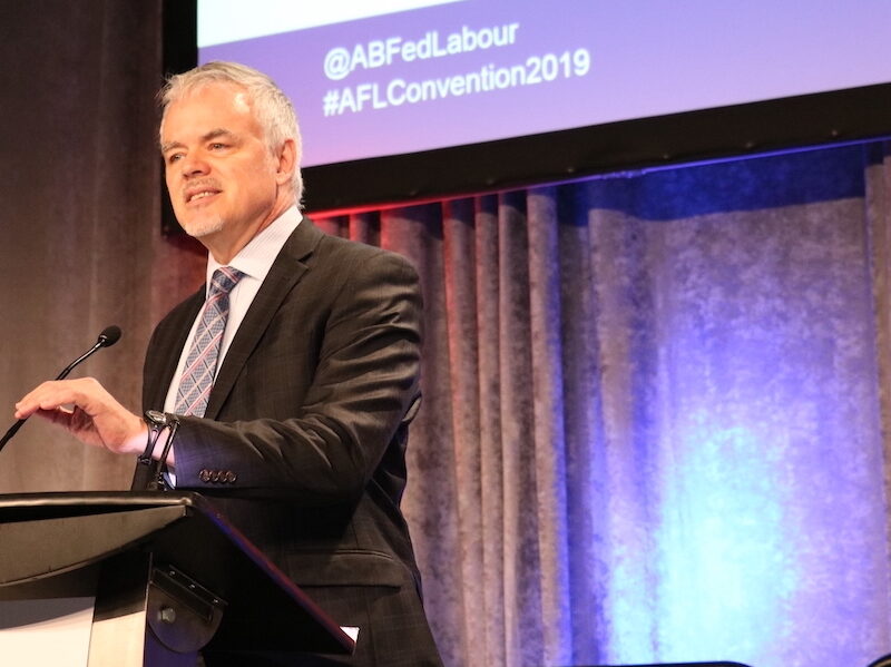 Economist Jim Stanford speaking in Edmonton in 2019.