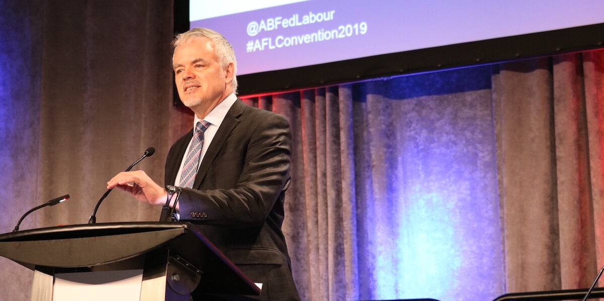 Economist Jim Stanford speaking in Edmonton in 2019.