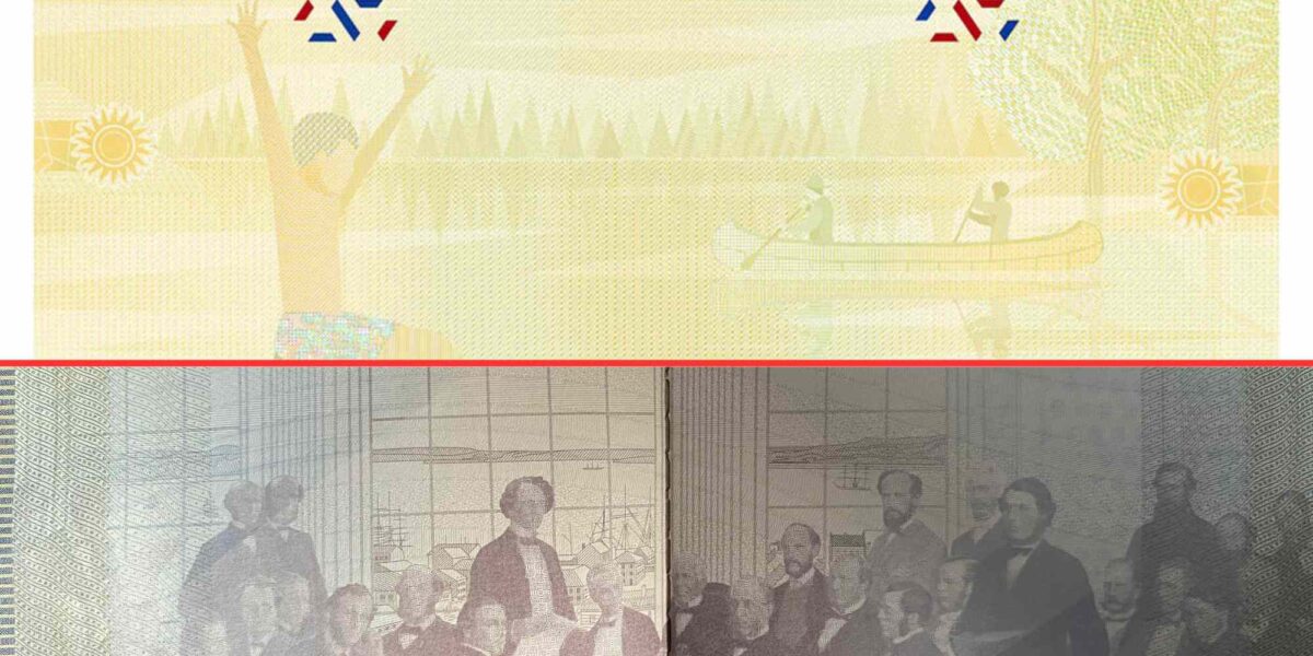 The top half of the image is from the new passport, showing children playing in summer, the second half of the image is from the current passport, showing the Fathers of Confederation.