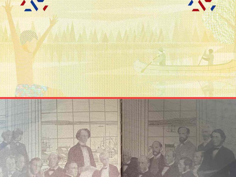 The top half of the image is from the new passport, showing children playing in summer, the second half of the image is from the current passport, showing the Fathers of Confederation.