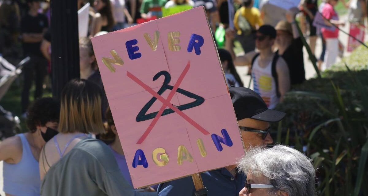 A sign opposing restrictions to abortions, featuring a coat hanger with a red X over it with the words "never again."