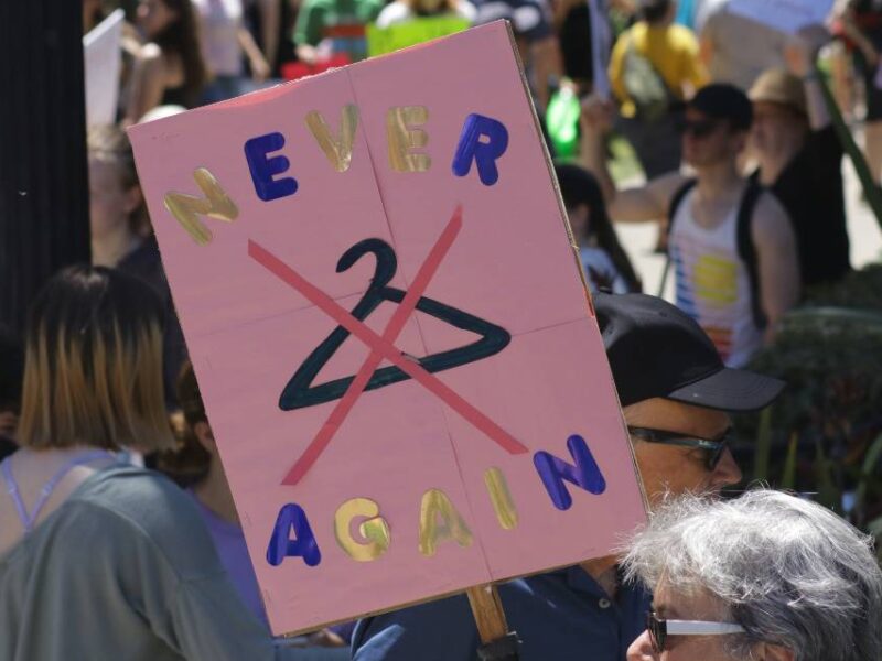 A sign opposing restrictions to abortions, featuring a coat hanger with a red X over it with the words "never again."