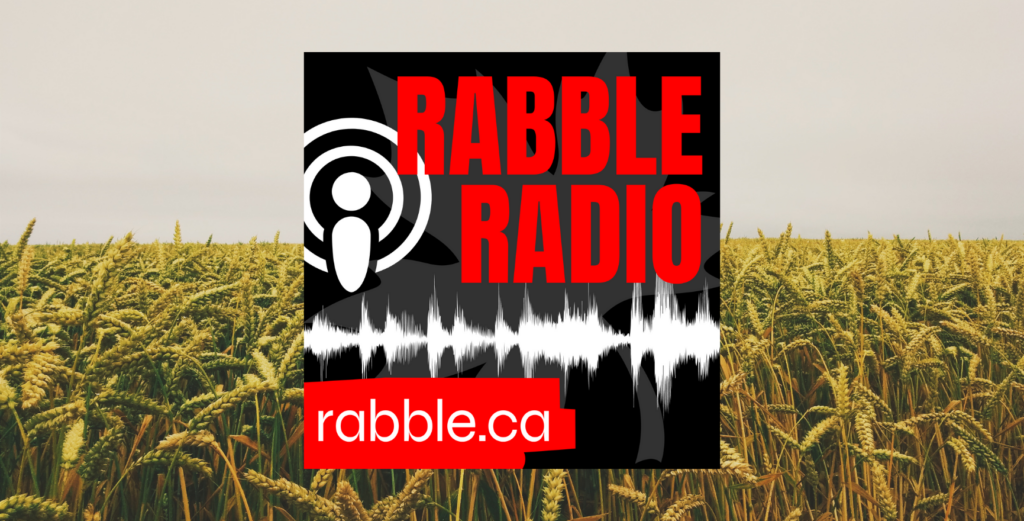 Field of wheat in the background, rabble radio logo