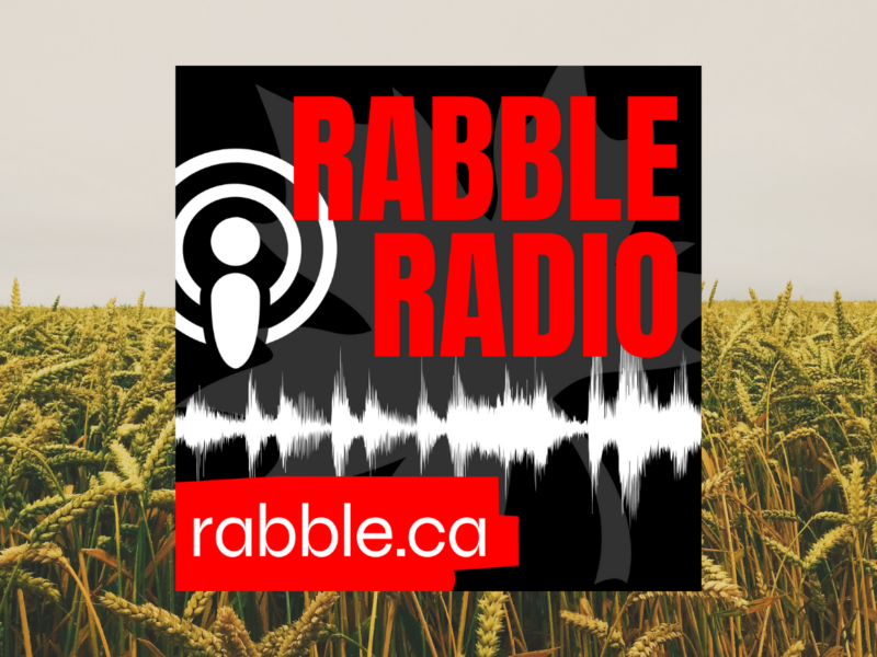 Field of wheat in the background, rabble radio logo