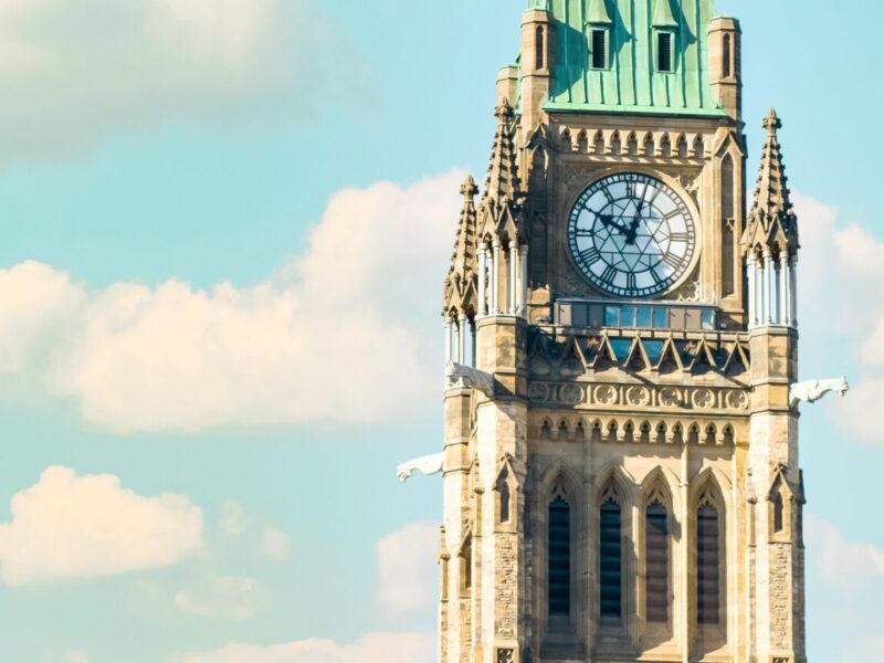 An image of the clock in the Canadian Parliament's Peace Tower.