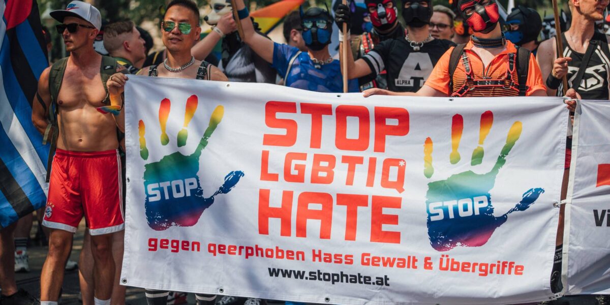 A banner calling for an end to hate.