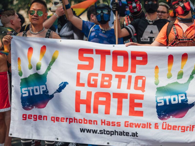 A banner calling for an end to hate.