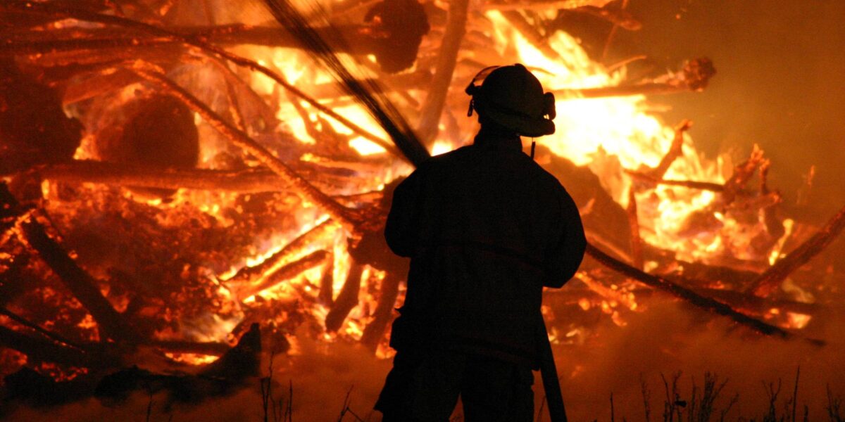 A firefighter combating a forest fire.