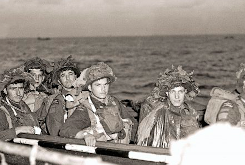 Canadian soldiers from the Régiment de la Chaudière head toward the beach on D-Day, June 6, 1944.