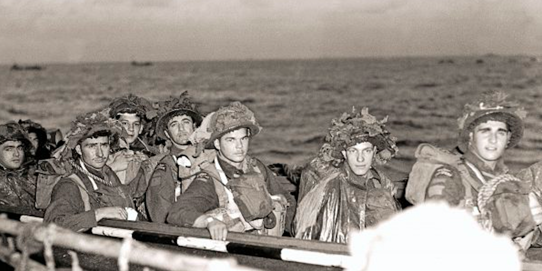 Canadian soldiers from the Régiment de la Chaudière head toward the beach on D-Day, June 6, 1944.