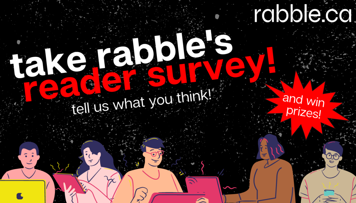 rabble's reader survey promotional photo -- includes cartoon images of people working on computers and a sticker which says "and win prizes"