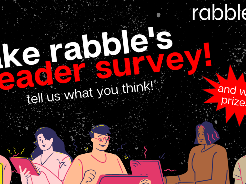 rabble's reader survey promotional photo -- includes cartoon images of people working on computers and a sticker which says "and win prizes"