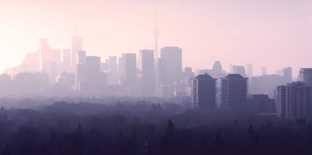 The Toronto skyline obscured by smoke.