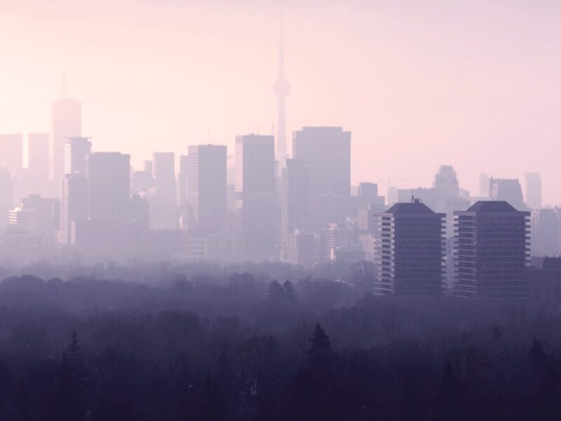 The Toronto skyline obscured by smoke.