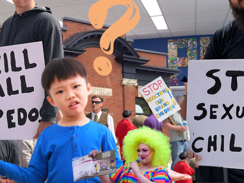 An image of a child looking confused. Behind the kid is a collage of images from hate protests outside drag story time events.