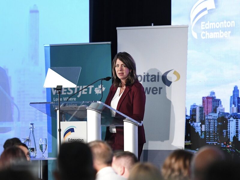 Alberta Danielle Smith addresses the Edmonton Chamber of Commerce yesterday.