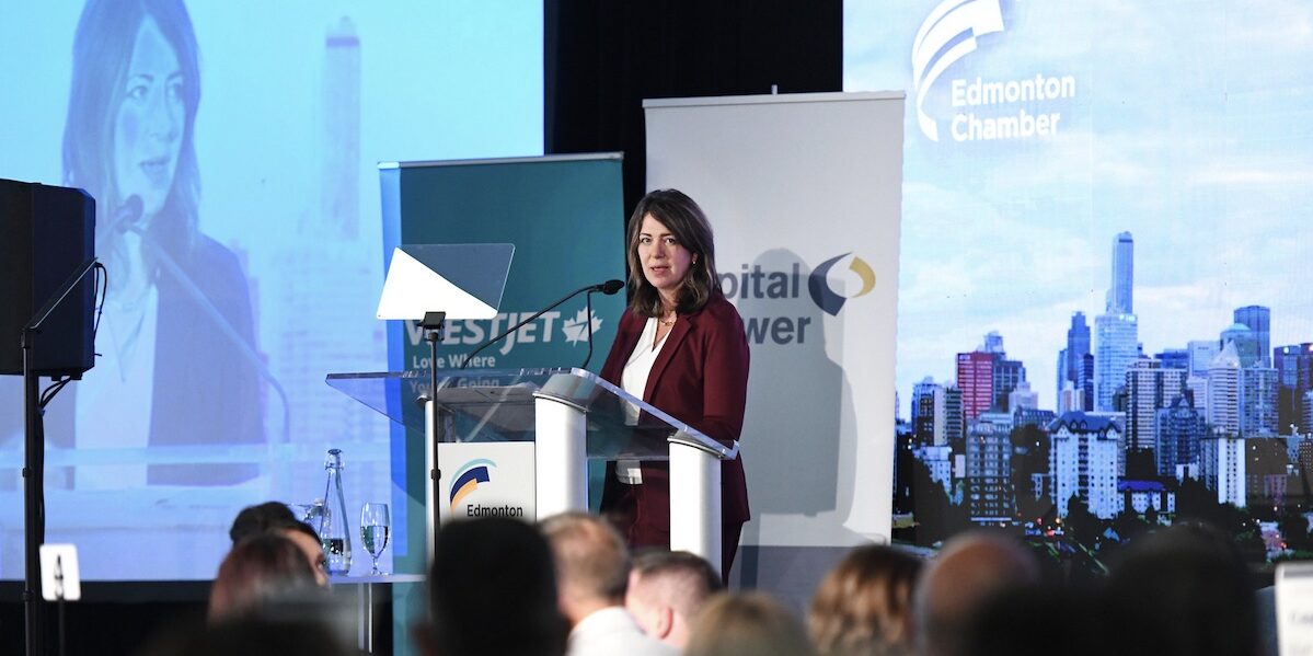 Alberta Danielle Smith addresses the Edmonton Chamber of Commerce yesterday.