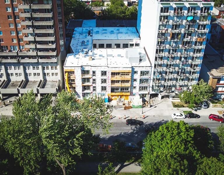 A high rise apartment complex under construction.