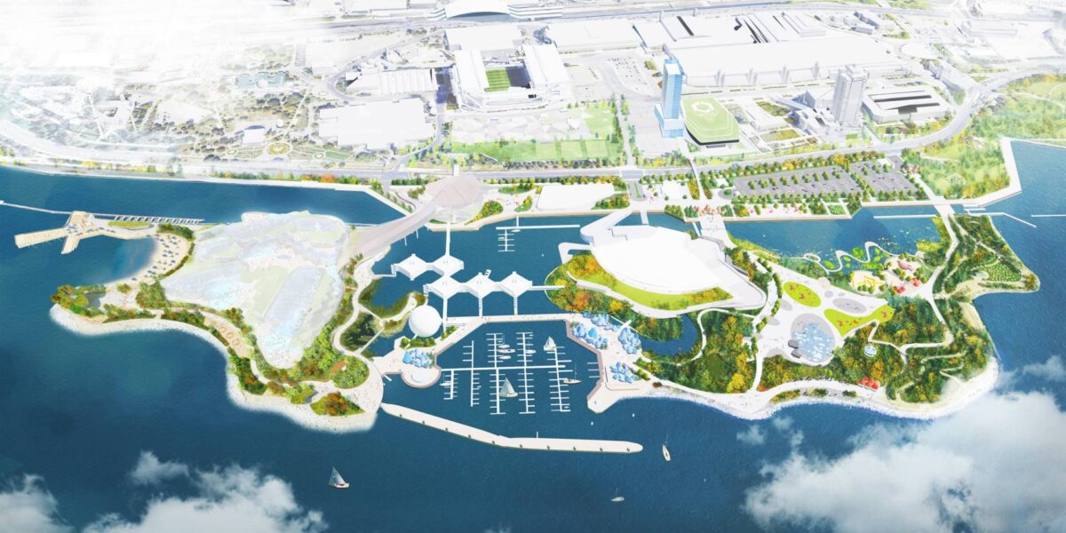 An artist's conception of what Ontario Place would look like if developed by Therme Canada.