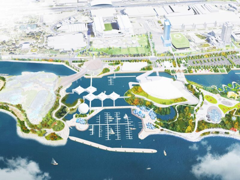 An artist's conception of what Ontario Place would look like if developed by Therme Canada.