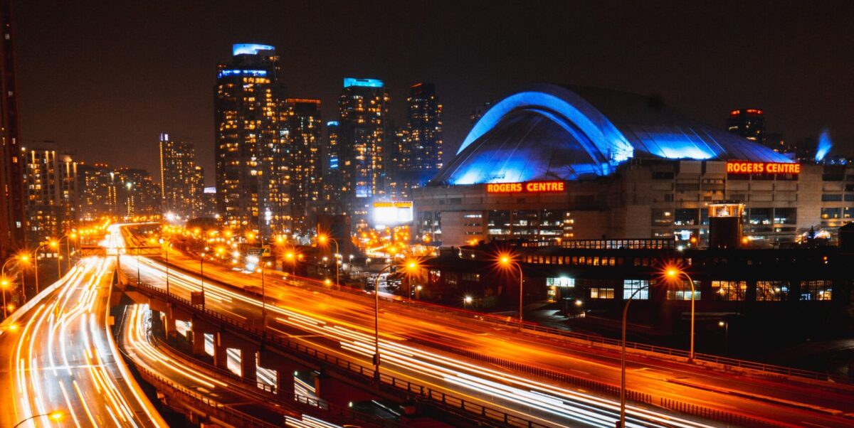 A lit up Gardiner Expressway at night