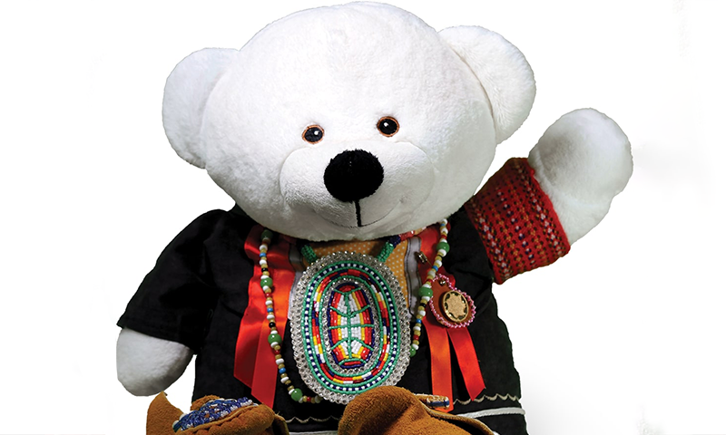 An image of Spirit Bear, the stuffed mascot of First Nations Child & Family Caring Society's campaign to implement a plan that stops the harm of Indigenous children.