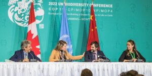 Canada's Global Affairs Minister Melanie Joly pats Environment Minister Steven Guilbeault on the shoulder at the COP15 summit in December of 2022.
