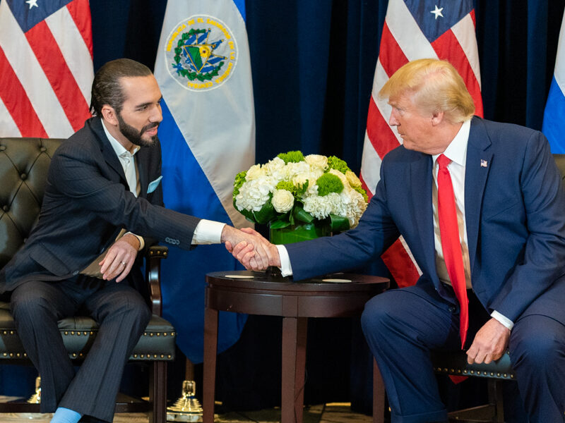 El Salvador President Nayib Bukele meets with former U.S. president Donald Trump in 2019, as democracy is threatened around the world.