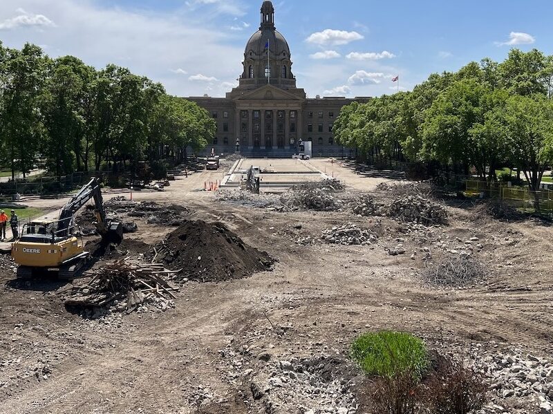 The grounds of the Alberta Legislature in summer under construction.