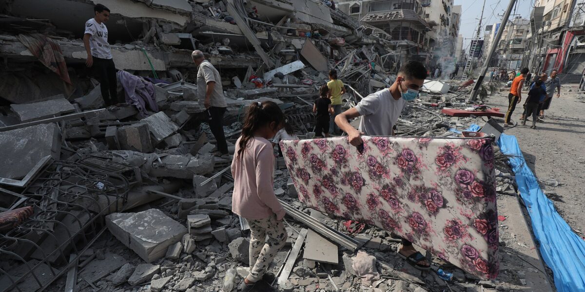 A destroyed residential apartment complex in Gaza after an Israeli air strike.