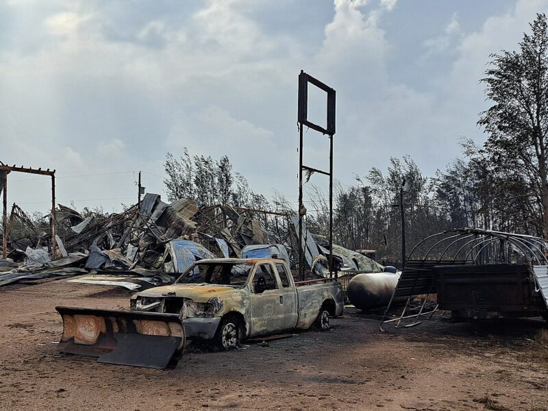 Enterprise NWT after the 2023 wildfires. With destroyed homes and vehicles.