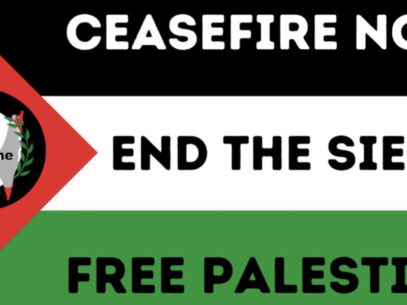 A Palestinian flag which reads Labour4Palestine, Ceasefire Now, End the siege, Free Palestine.