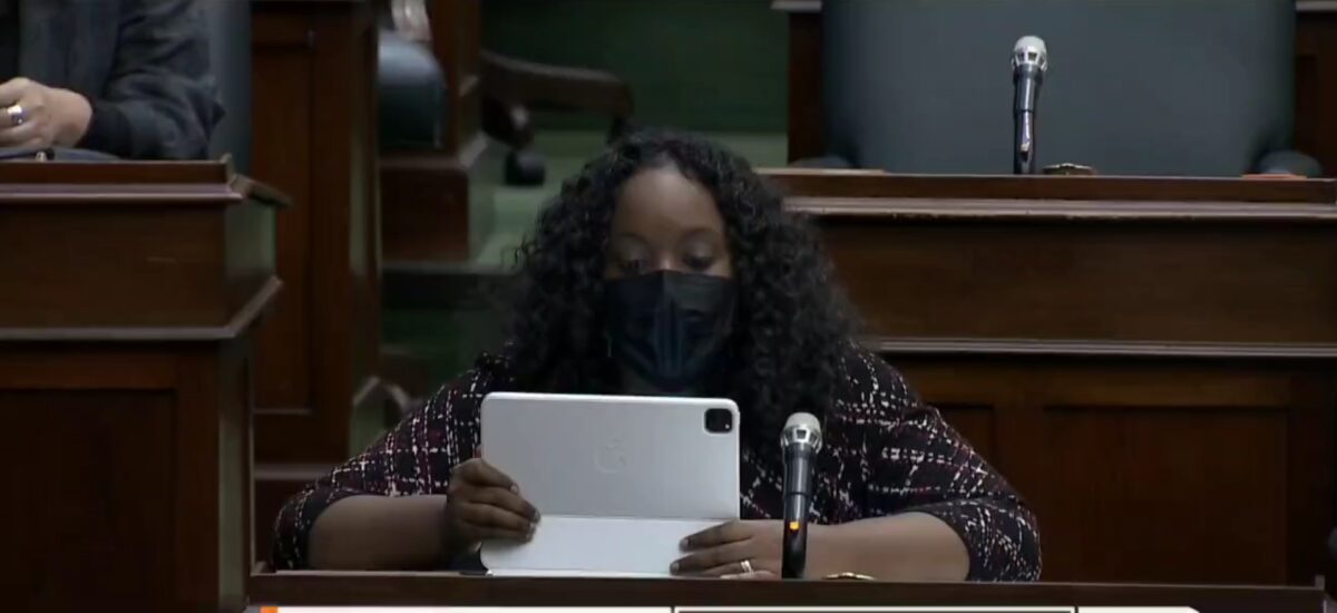 MPP Sarah Jama speaking in the Ontario Legislature on October 23.