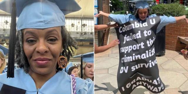 Tracy McCarter on graduation day at Columbia University, wearing a banner that reads "“Columbia U failed to support this criminalized domestic violence survivor. I graduated anyway!”