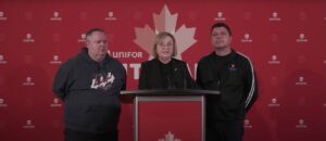 Pictured centre is Unifor president Lana Payne as she gives an update on the deal her union reached with Stellantis on Monday, October 30. She is accompanied by James Stewart, Stellantis master bargaining committee chair (right) and Vito Beato, Stellantis master bargaining committee vice-chair (left).