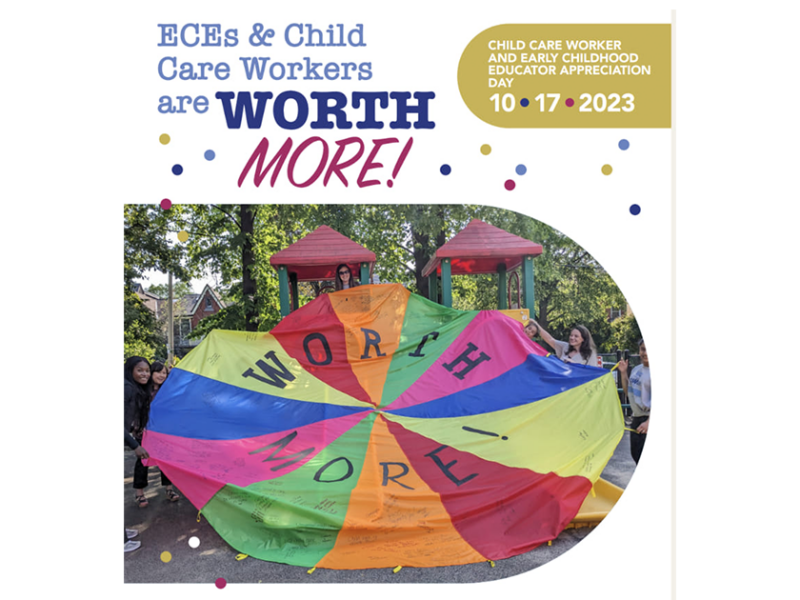 An image of a rainbow parachute with the words, "worth more" written on it. Childcare workers hold up the parachute and smile.