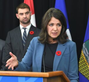 Alberta Premier Danielle Smith at a press conference on Wednesday, November 8 announcing her health care plan.