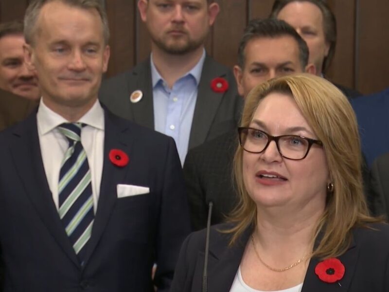 Canadian Labour Congress President Bea Bruske at Thursday's press conference announcing the anti-scab legislation.