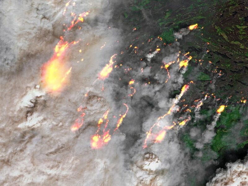 An aerial view of massive wildfires in Québec in June of 2023.