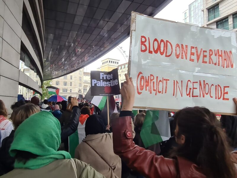 A person protests genocide in Gaza.