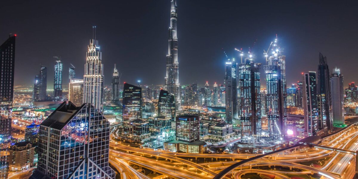 The Dubai skyline at night.