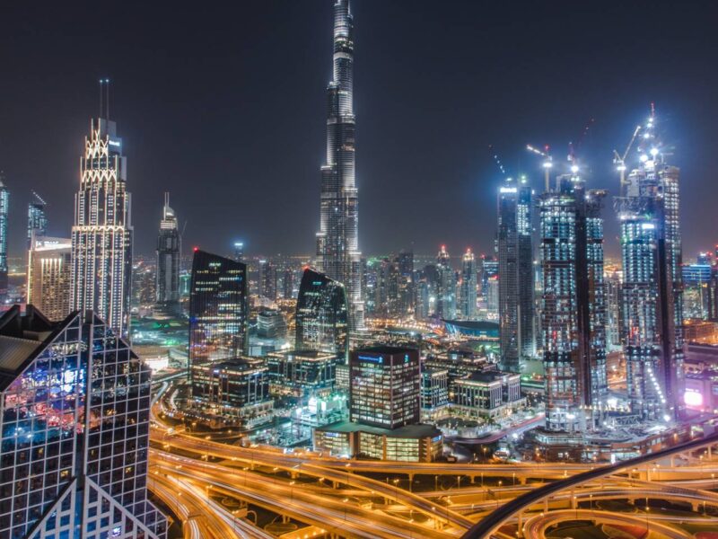 The Dubai skyline at night.