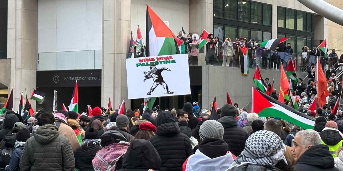 Protestors gather at Place Ville-Marie, only a few blocks away from McGill University, to protest the ongoing bombardment of Gaza.