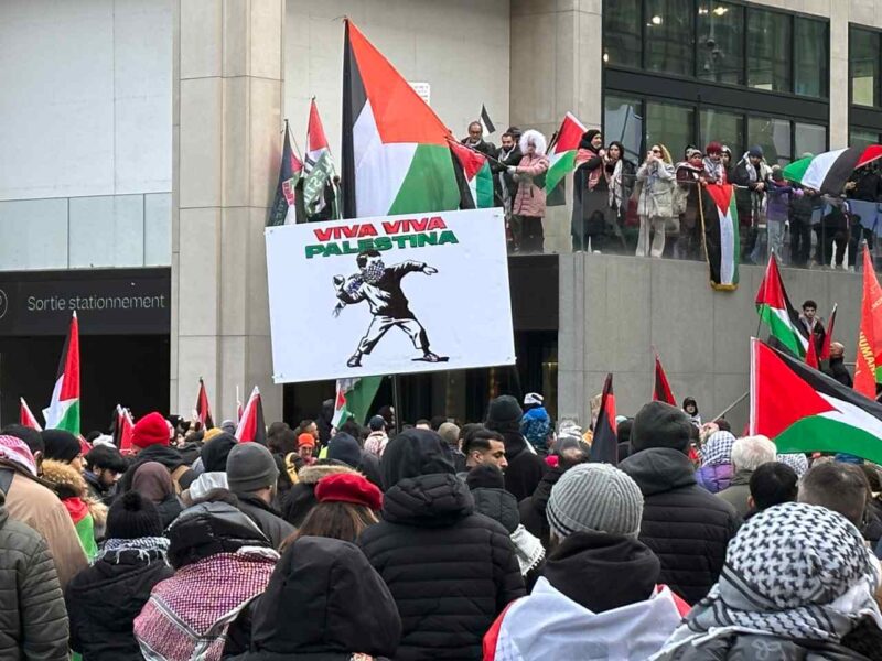 Protestors gather at Place Ville-Marie, only a few blocks away from McGill University, to protest the ongoing bombardment of Gaza.