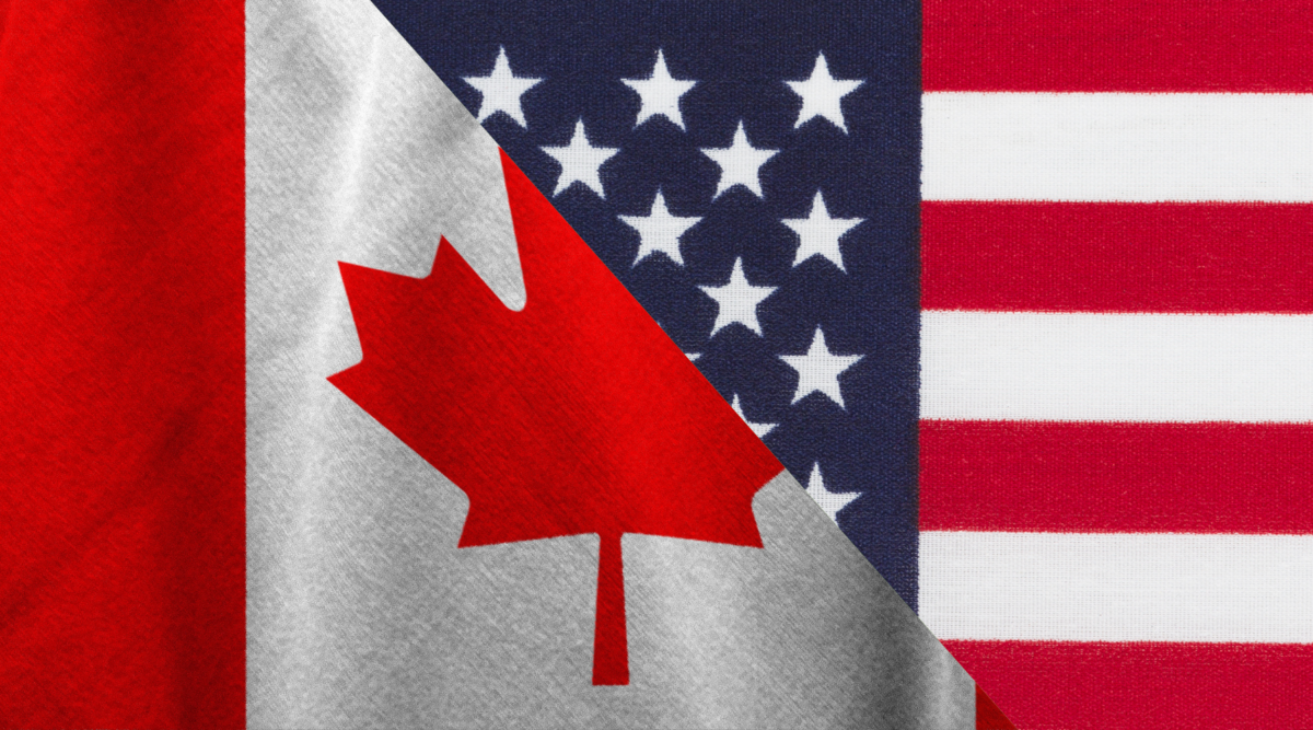 A mash up of the Canadian flag and the American flag.