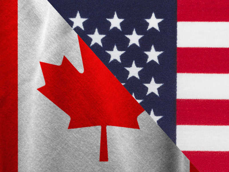 A mash up of the Canadian flag and the American flag.
