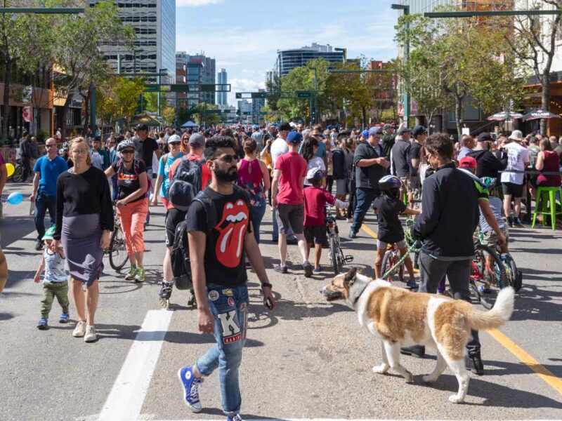 An Edmonton street that has been opened to pedestrians in the summer.