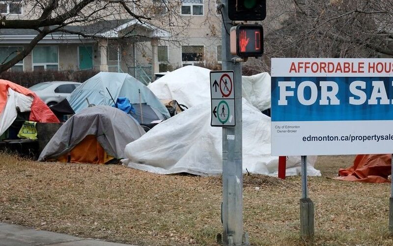 An encampment of houseless persons in Edmonton in December of 2023.