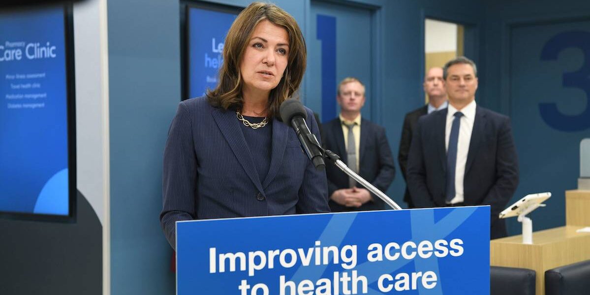 Danielle Smith at yesterday’s news conference about Shoppers Drug Mart’s plan to open “clinics” in drugstores.